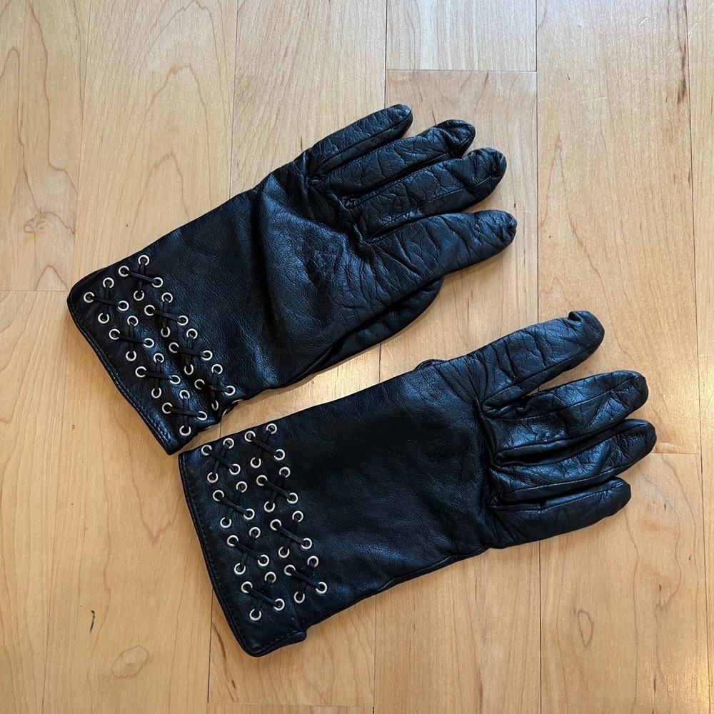 Antonio Murolo Leather Gloves Womens 8 Black Cashmere Lined Grommet Italy Soft
